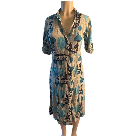 Women XS Bombay & Paisley Button Shirt Dress Green Floral Print Midi - Picture 2 of 6